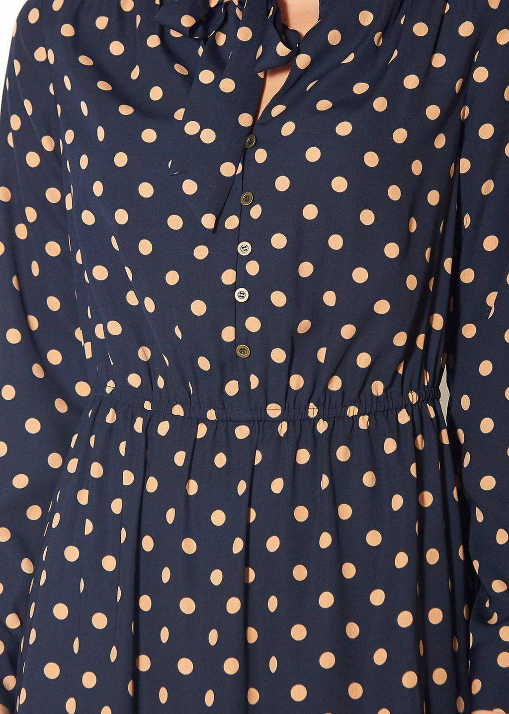 Pleione Polka Dot Tie Neck Dress in Navy Taupe Polka