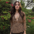 Pleione Women's V-Neck Puff Sleeve Top in Black Tan