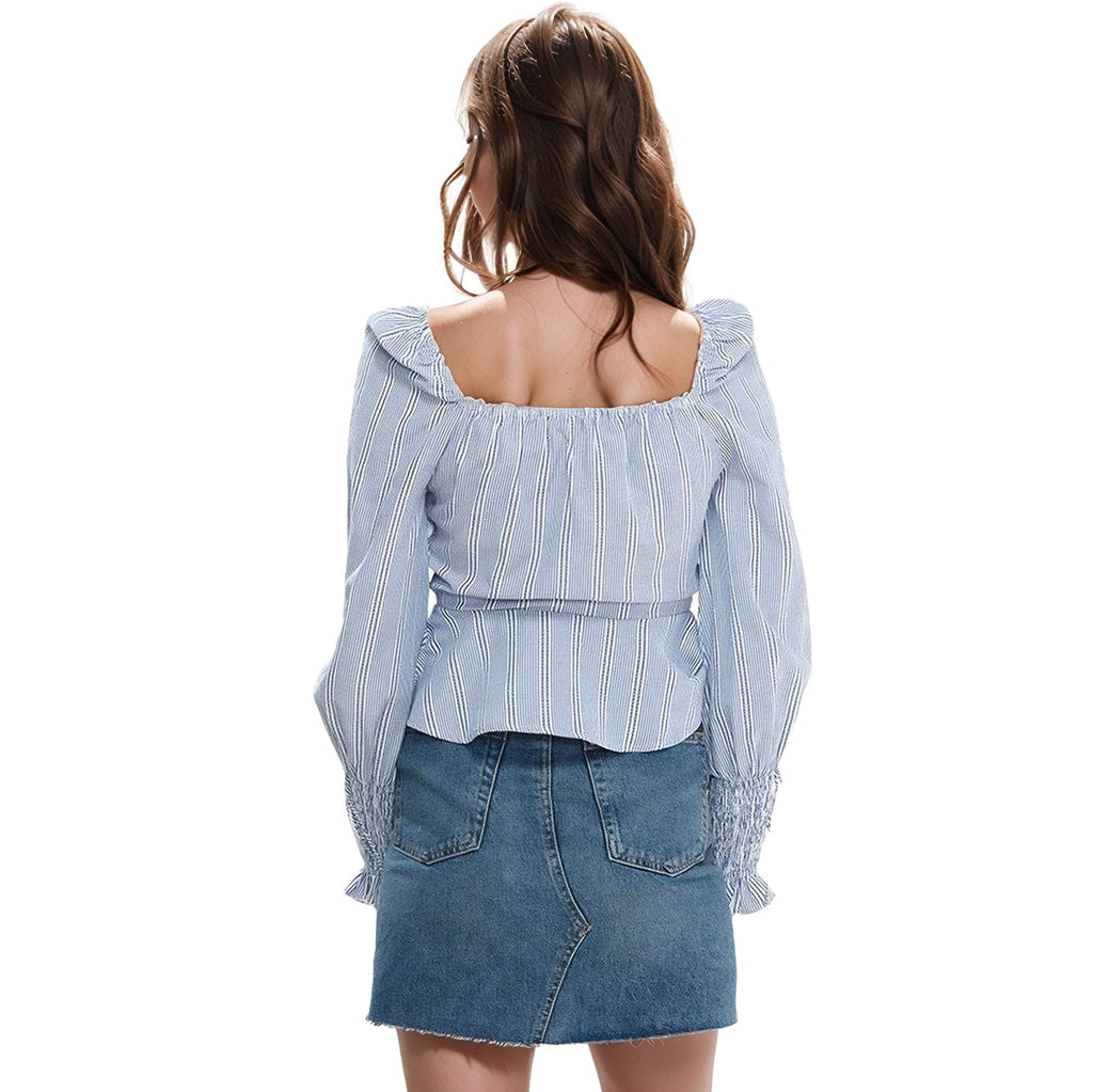 Women's Smocked Cuff Button Front Peplum Blouse in Blue