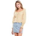 Women's Smocked Cuff Button Front Peplum Blouse in Yellow