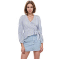 Women's Smocked Sleeve Stripe Wrap Blouse in Blue