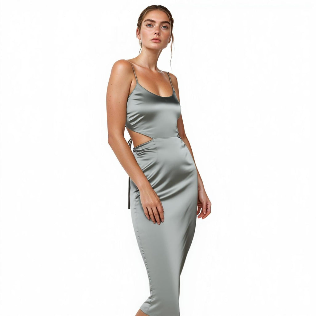 Sleeveless Satin Midi Dress in Vintage Blue