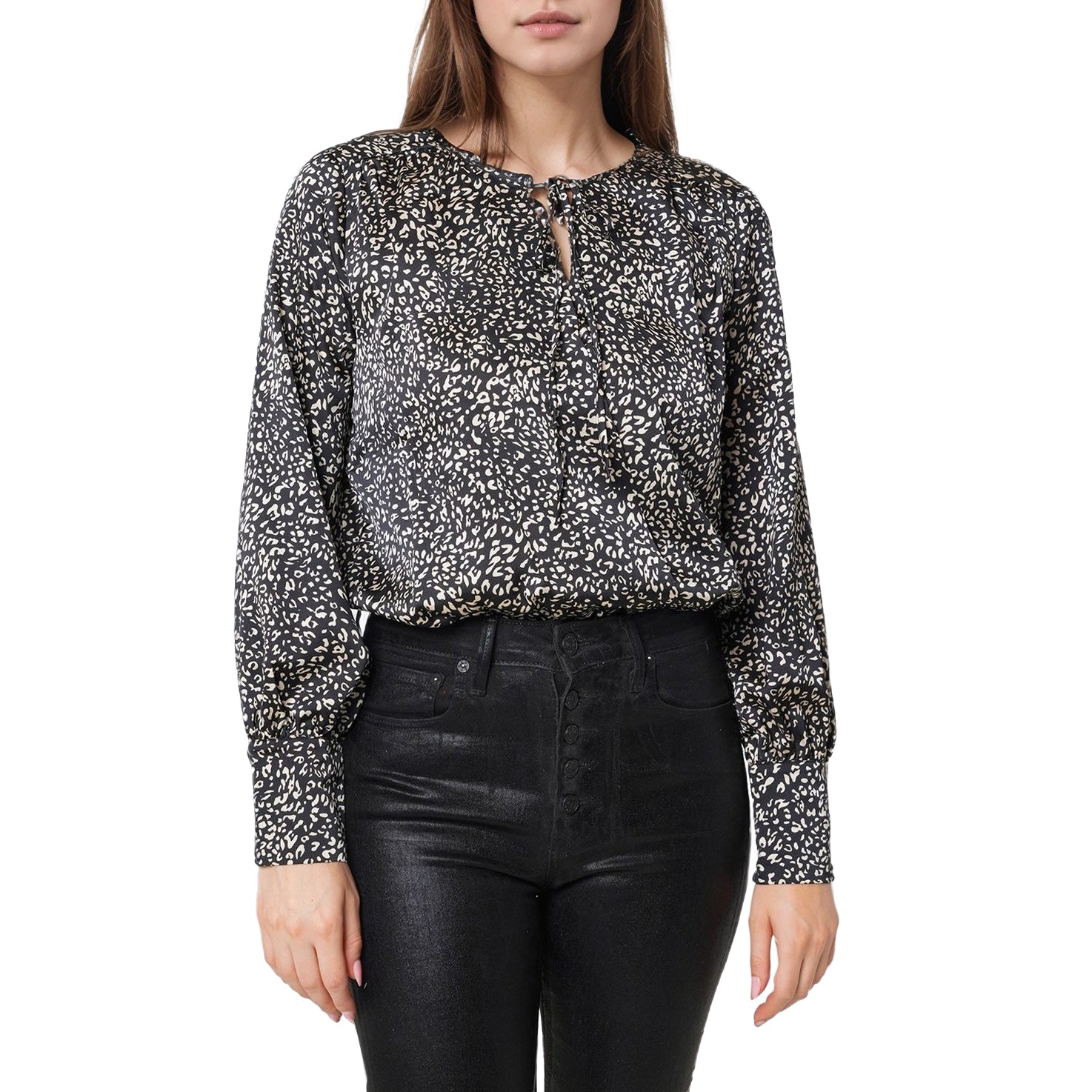 Women's Tie-neck Long Sleeve Bodysuit in Black Leopard