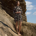 Pleione Floral Smocked Mock Neck Dress in Black