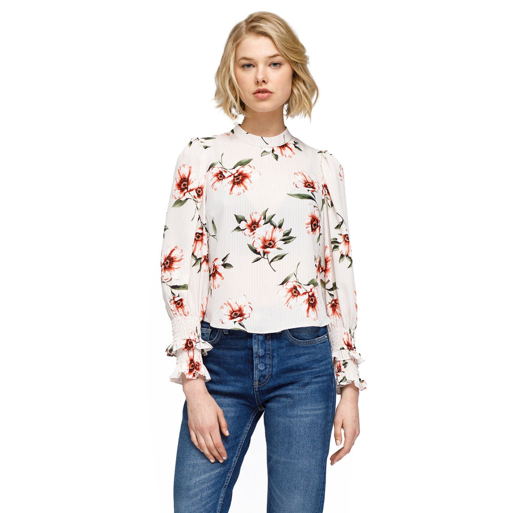 Women's Rust Flower Mock Neck Smocked Sleeve Blouse In Taupe