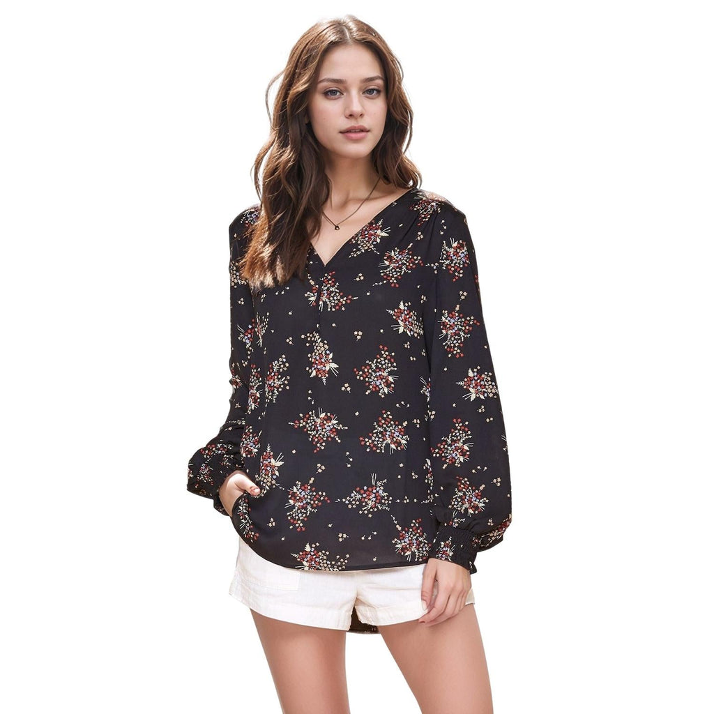 Pleione Printed V-Neck Smock Wrist Blouse in Navy Floral