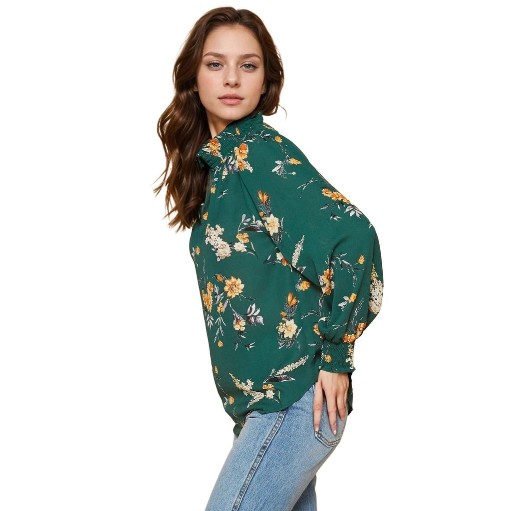 Pleione Women's Smocked Neck Top in Floral Green