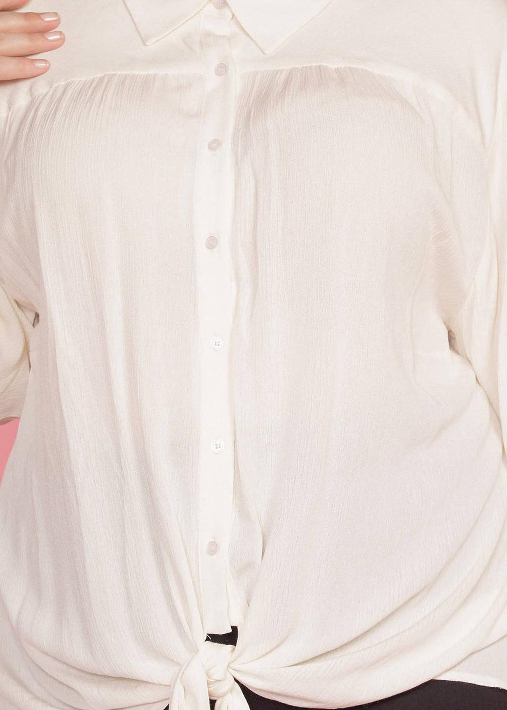 Pleione Plus Size Pleated Tie Hem Button Down Blouse in Ivory