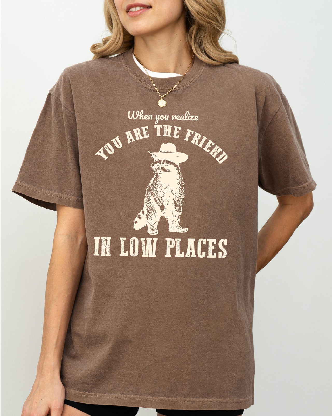 When You Realize, You Are The Friend In Low Places Raccoon Sarcastic Graphic Tee