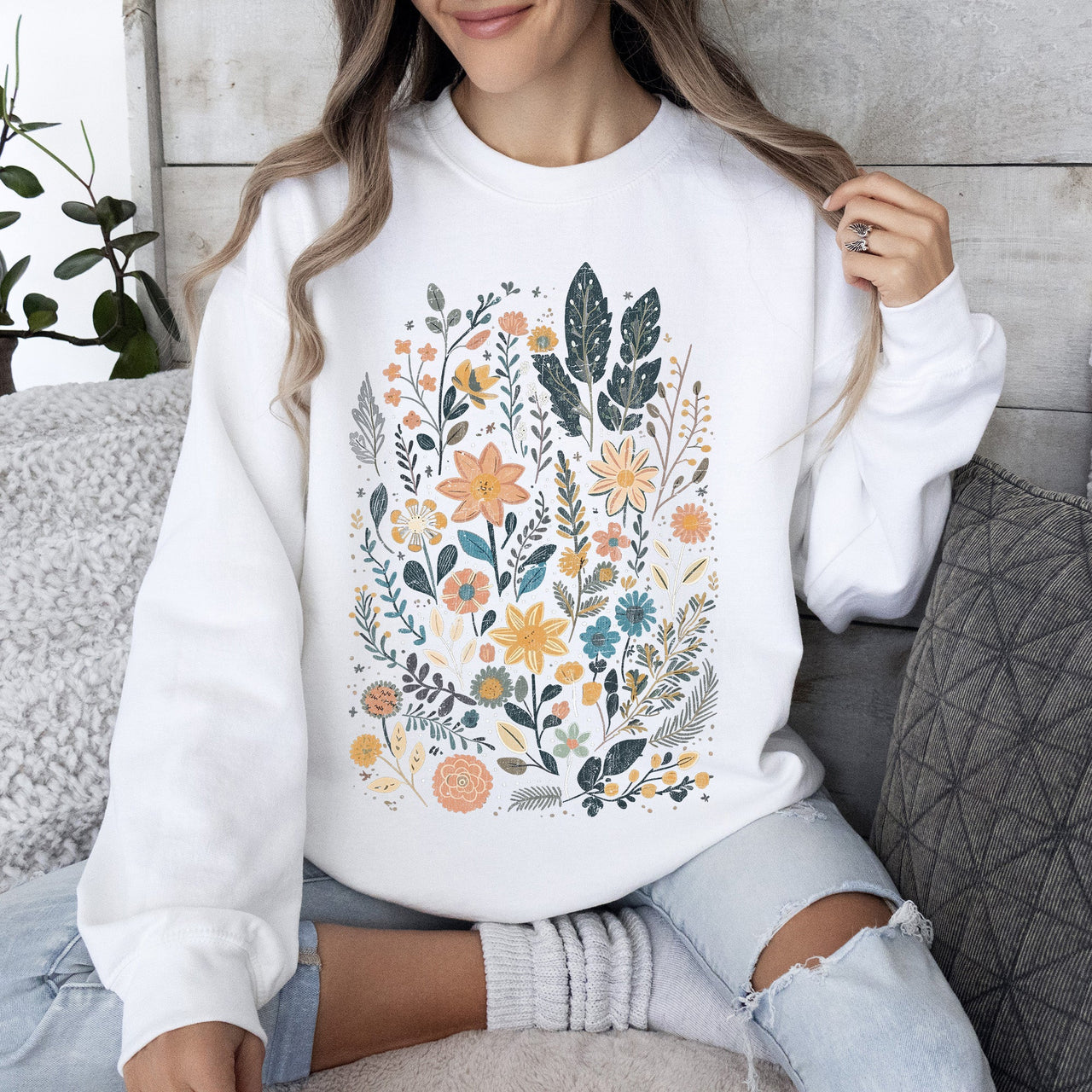Whimsical Garden Floral Design With Delicate Petals And Lush Leaves And Blooms Sweatshirt