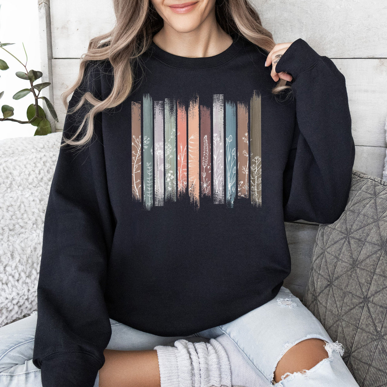 Wildflowers Nature Floral Botanical Stripes Garden Inspired Print Soft Cotton Blend Sweatshirt
