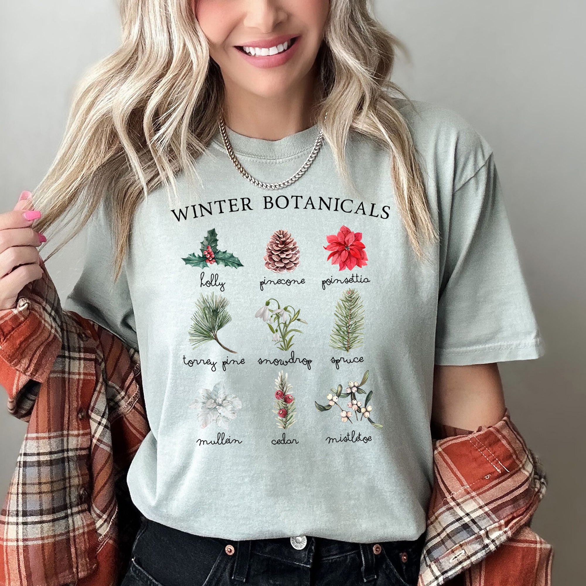 Winter Botanicals Holly Poinsettia Pine Tree Seasonal Holiday Design Comfort Colors Tee