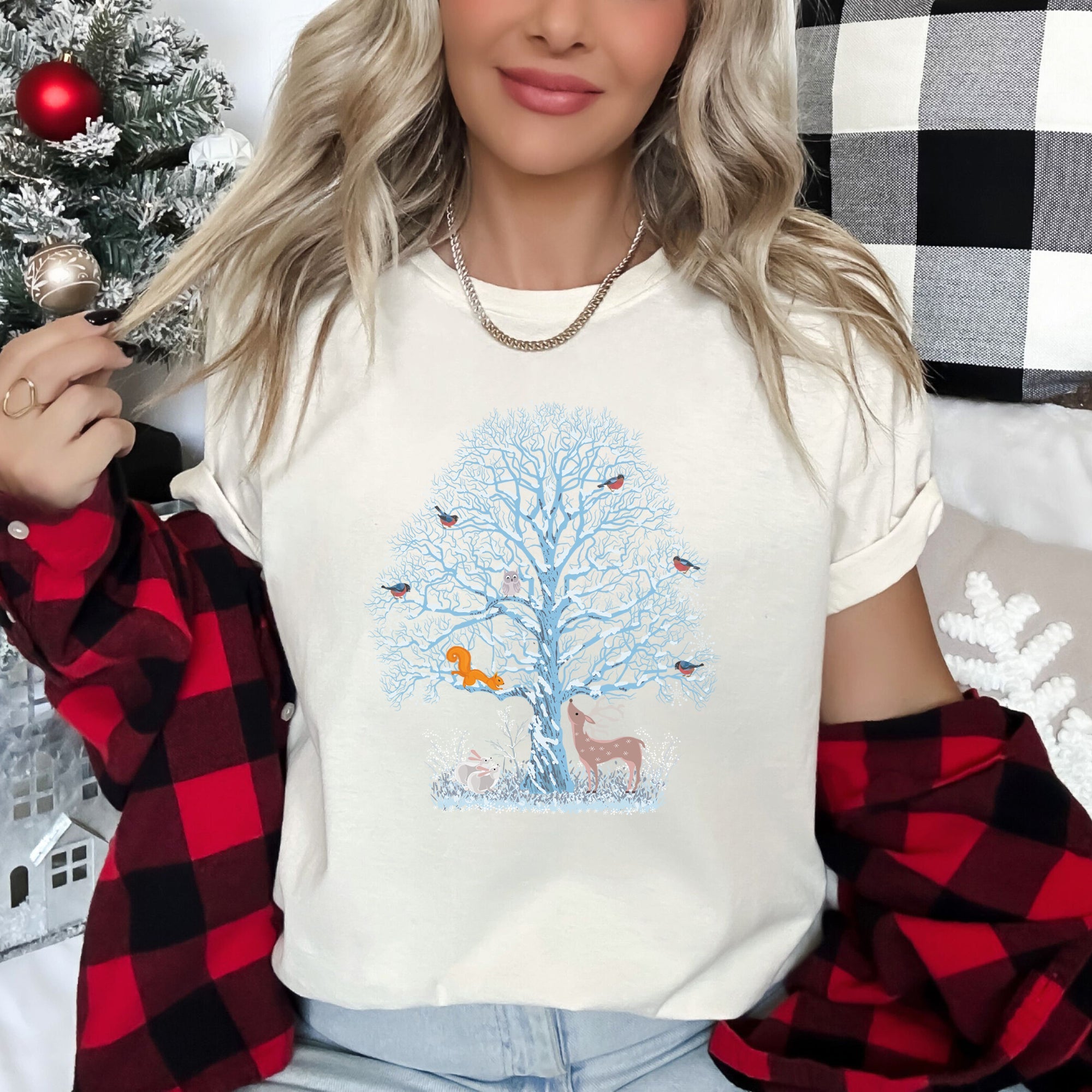 Winter Tree Filled With Animals Christmas Deer Owl Forest Wildlife Edition Graphic Tee