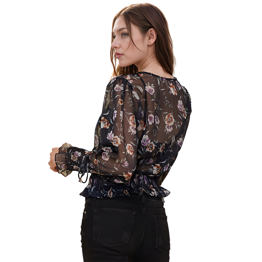Women's Wax Flower Smocked Cuff Blouse In Navy