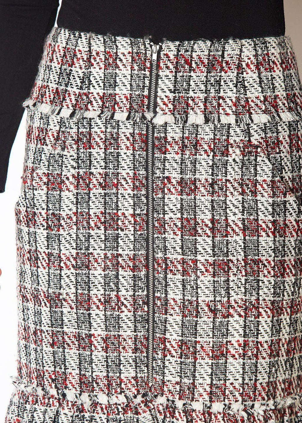 Pleione Women's Plaid Tweed Zipper Front Skirt in Black Red Tweed