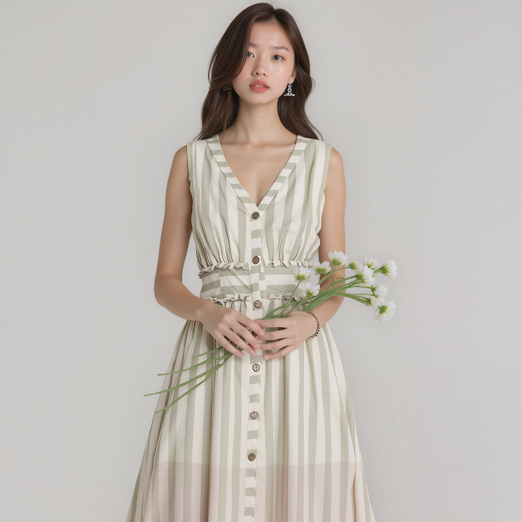 Women's Sleeveless Button Down Stripe Dress in Sage