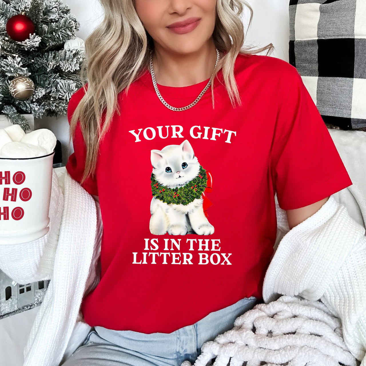 Your Gift Is In The Litter Box Cat Christmas Naughty Humor Limited Edition Graphic Tee