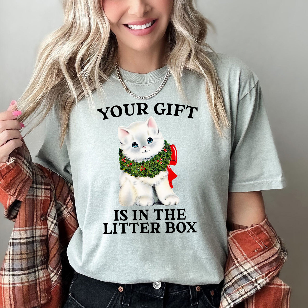 Your Gift Is In The Litter Box Cat Christmas Naughty Holiday Humor Comfort Colors Tee