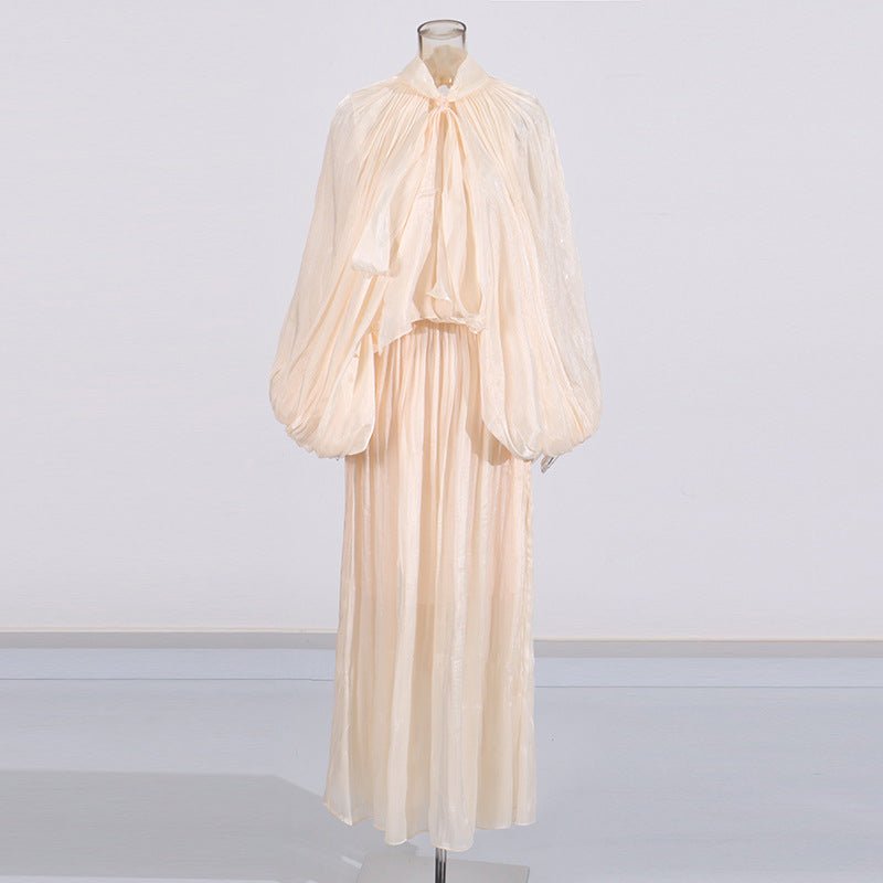Balloon Sleeve Tie-Neck Maxi Dress(MS303)
