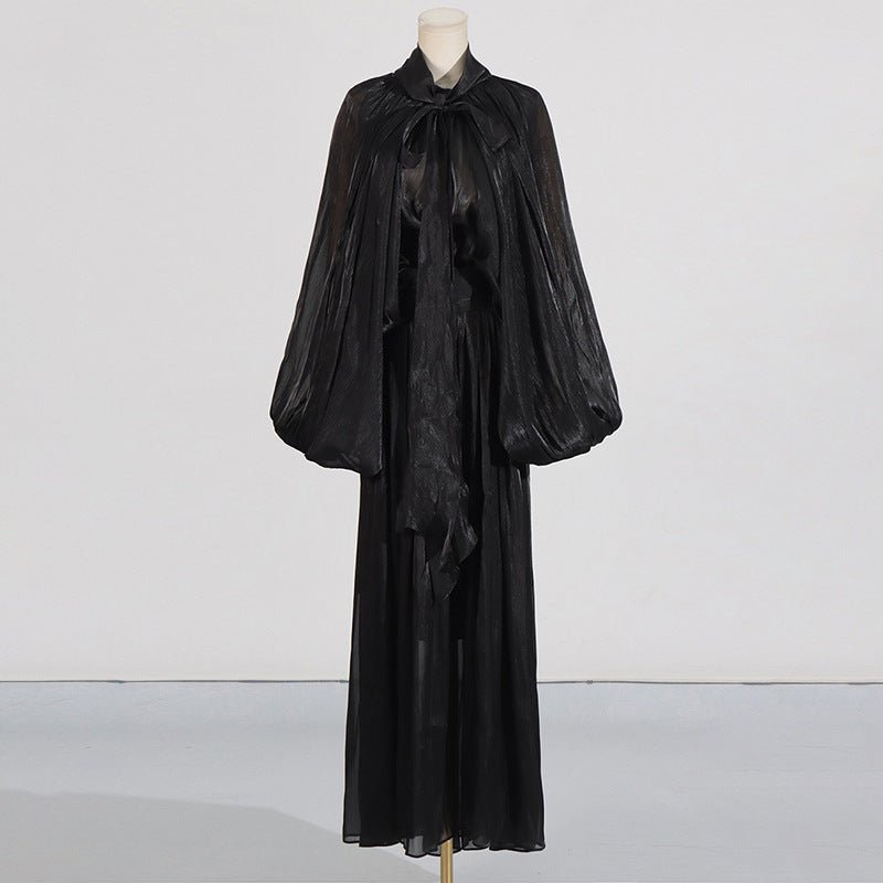 Balloon Sleeve Tie-Neck Maxi Dress(MS303)