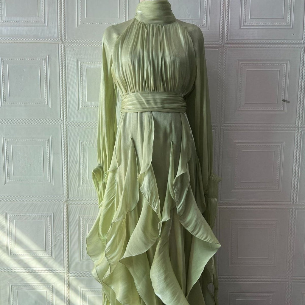 Cascading Ruffle Gown | High Neck Tie-Waist Maxi Dress(MS231)