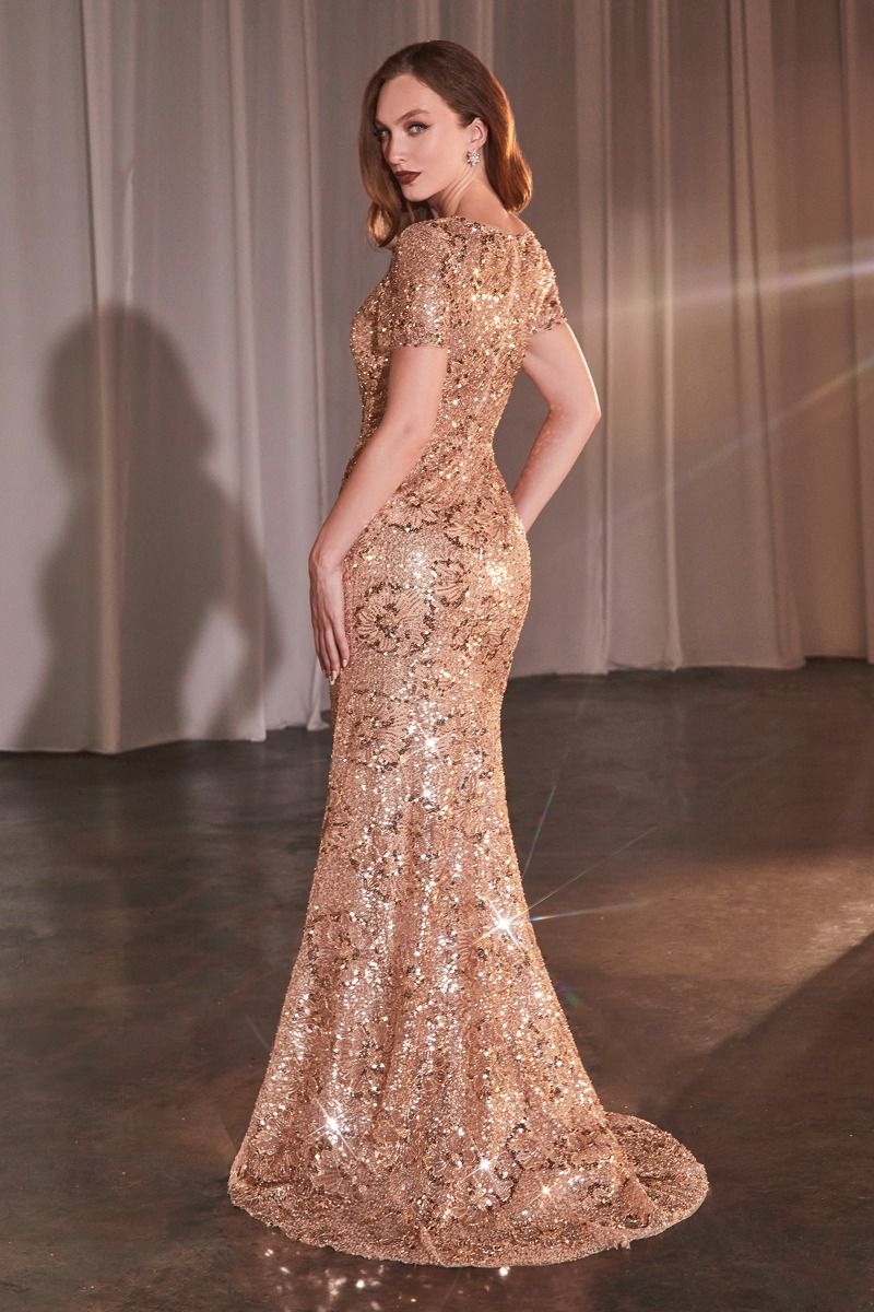 Ladivine CC3700 Rose Gold Floral Motif Sequin Fit and Flare Dress