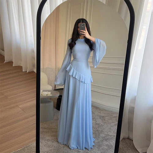 Chiffon Ruffle Gown with Tie-Back | Bell Sleeve Tiered Maxi Dress(MS227)