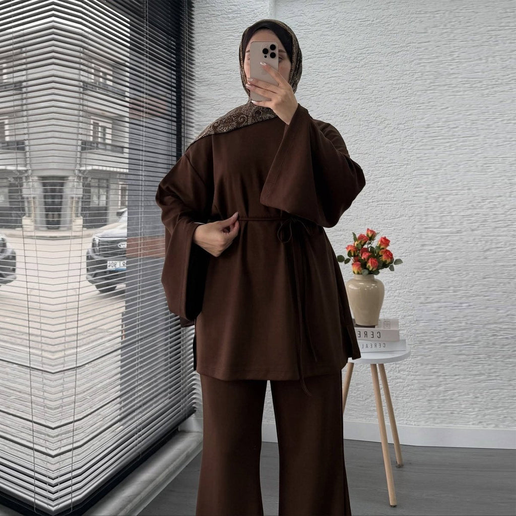 Cotton Two-Piece Set | Belted Tunic Top & Pants(MS279)