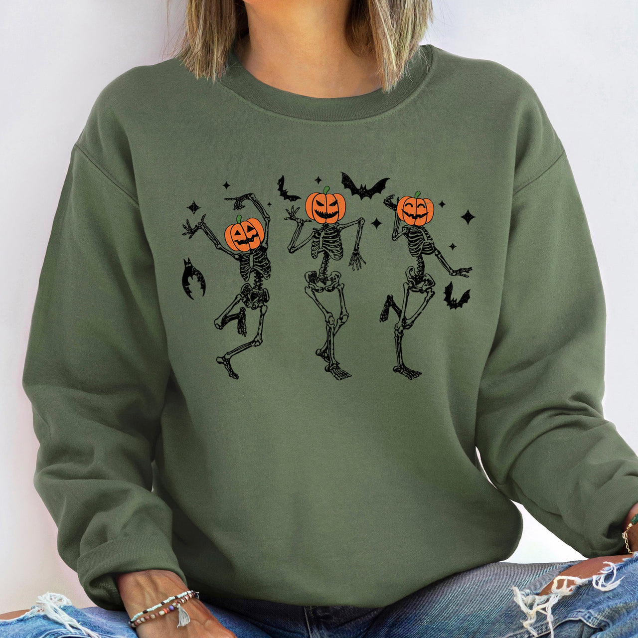Dancing Pumpkins Halloween Night Scene With Playful Faces In Retro Autumn Graphic Sweatshirt