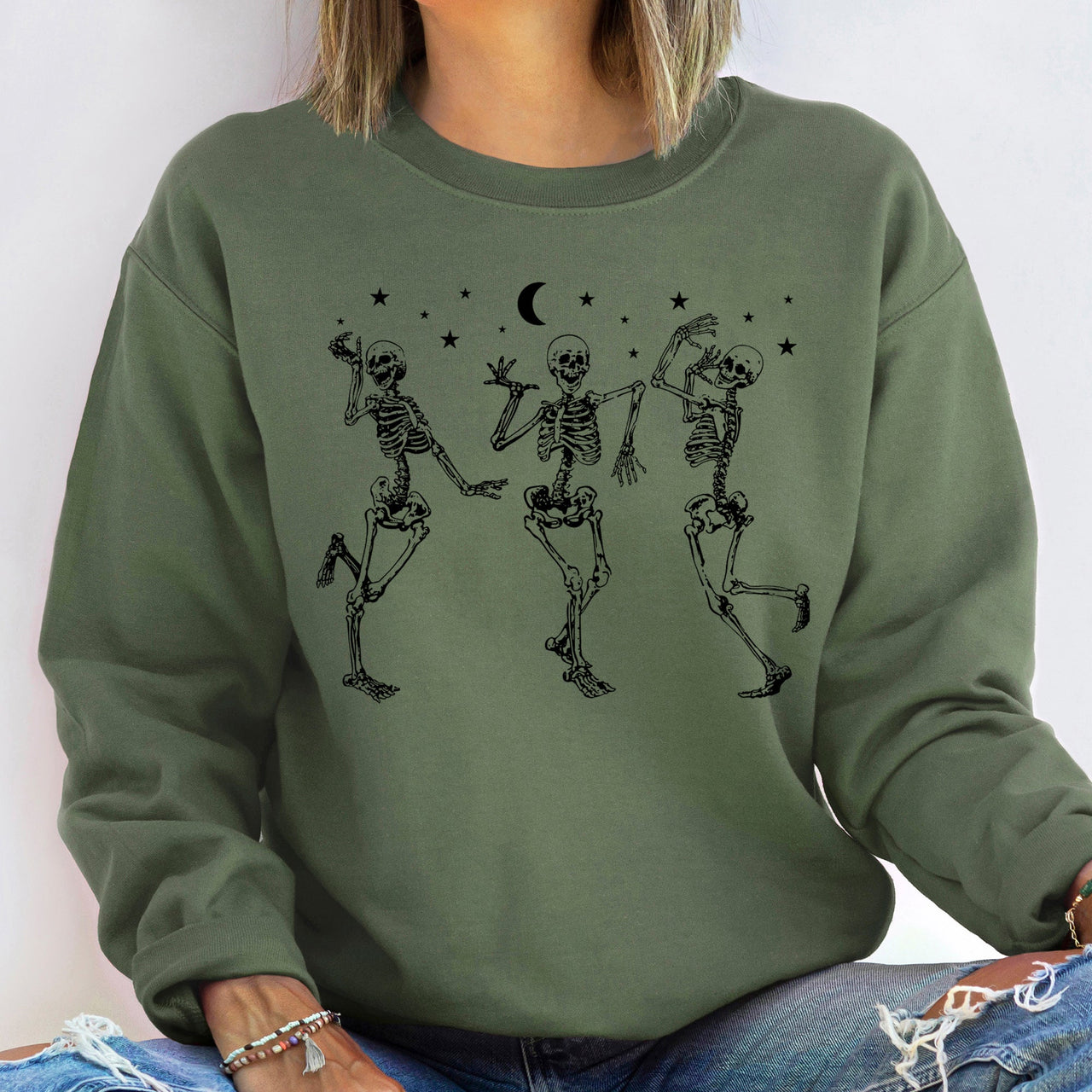 Dancing Skeletons Moonlit Halloween Night Celebration Silhouette Scene Sweatshirt