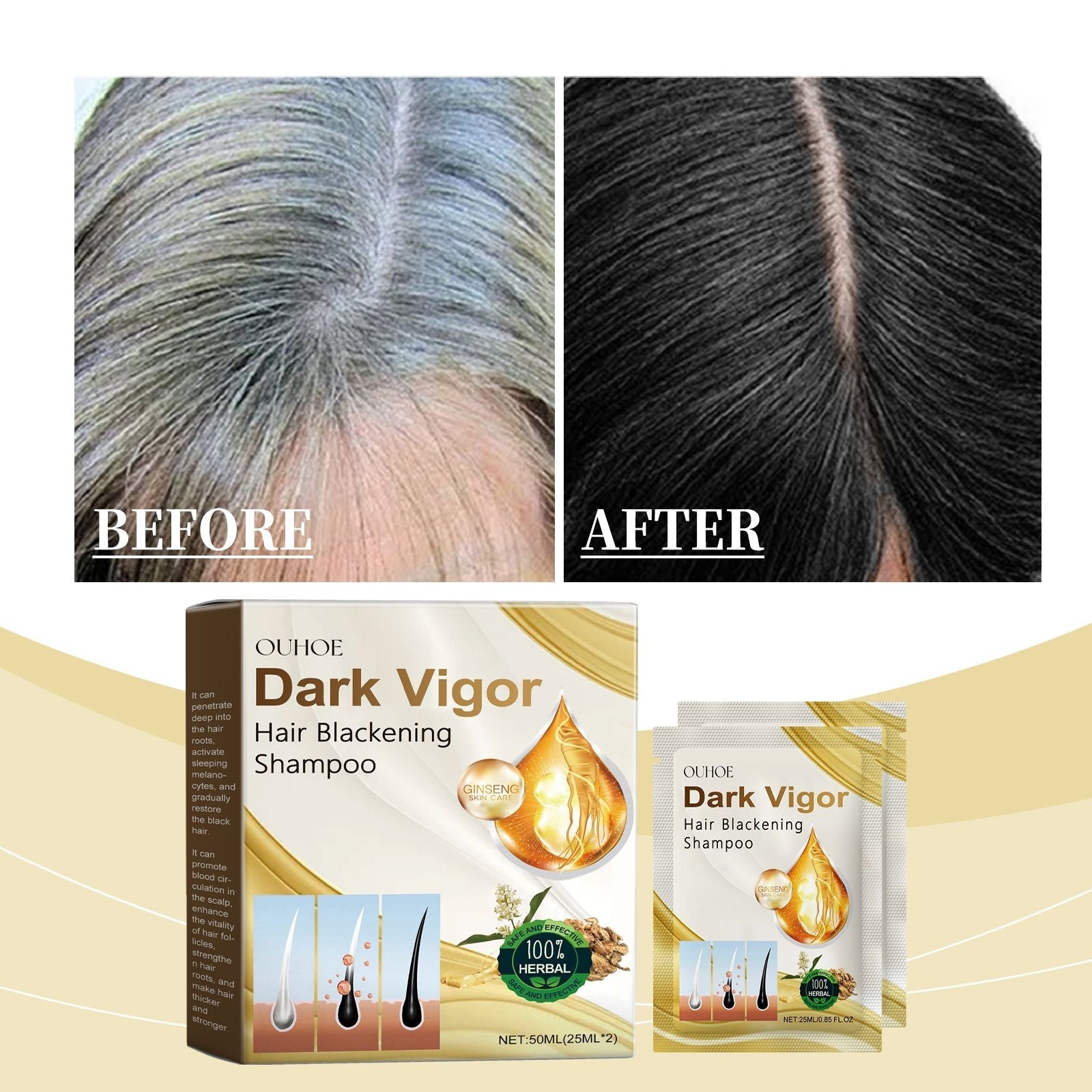 OUHOE Dark Hair Shampoo nourishes hair roots and improves dry and frizzy hair at the end
