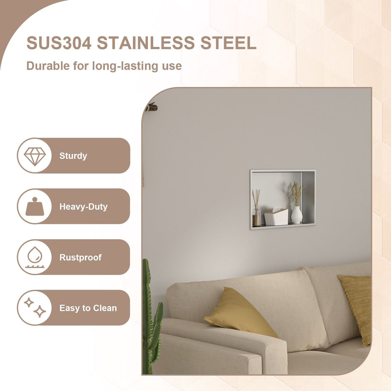 Brushed Stainless Steel Wall Shower  Niche , Double Recessed Shower Shelf for Bathroom