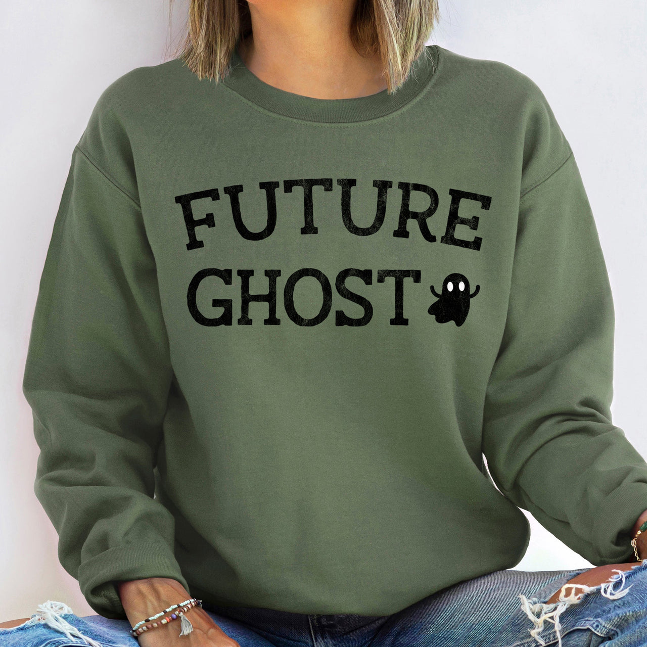 Future Ghost Halloween Nighttime Spirit Illustration With Eerie Glow And Cozy Comfort Sweatshirt
