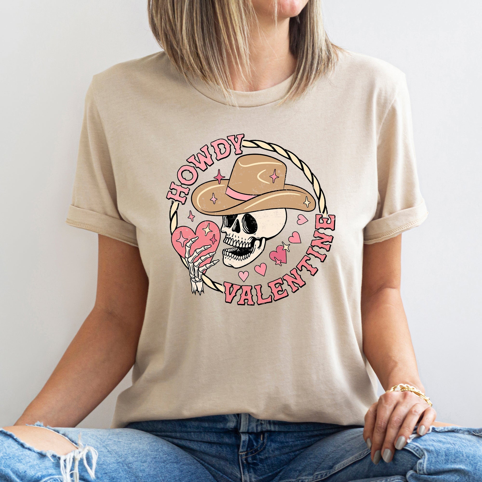 Howdy Valentine Skeleton Cowboy Western Country Retro Heart Cactus Scene Valentine's Day Graphic Tee