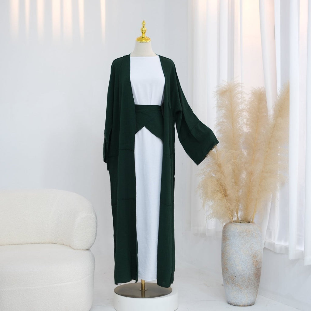 Ice Silk Crinkle Open Abaya with Wide Belt(MOA283)