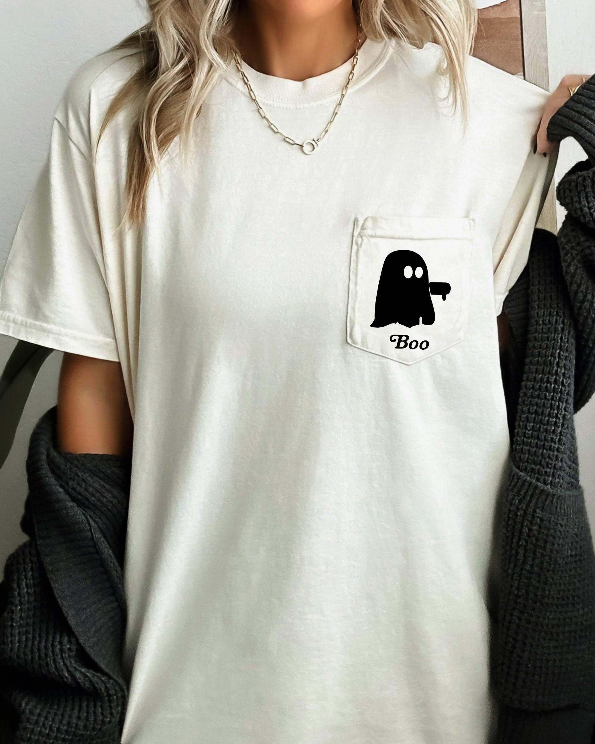 Boo Thumb Ghost Halloween Pocket Tee Graphic Illustration Featuring Friendly Ghosts Comfort Colors Tee