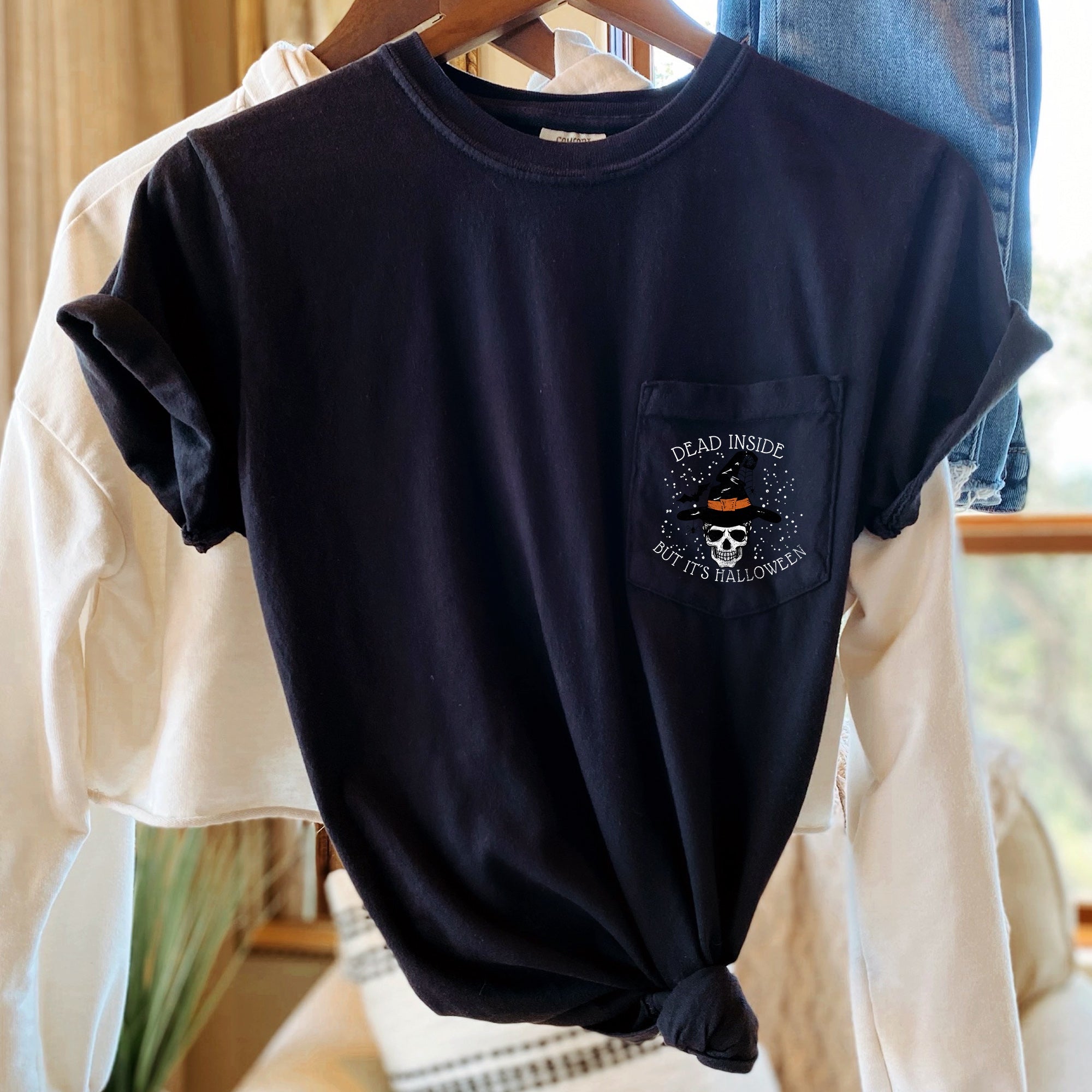 Dead Inside But It's Halloween Pocket Soft Washed Premium Cotton Comfort Colors Tee
