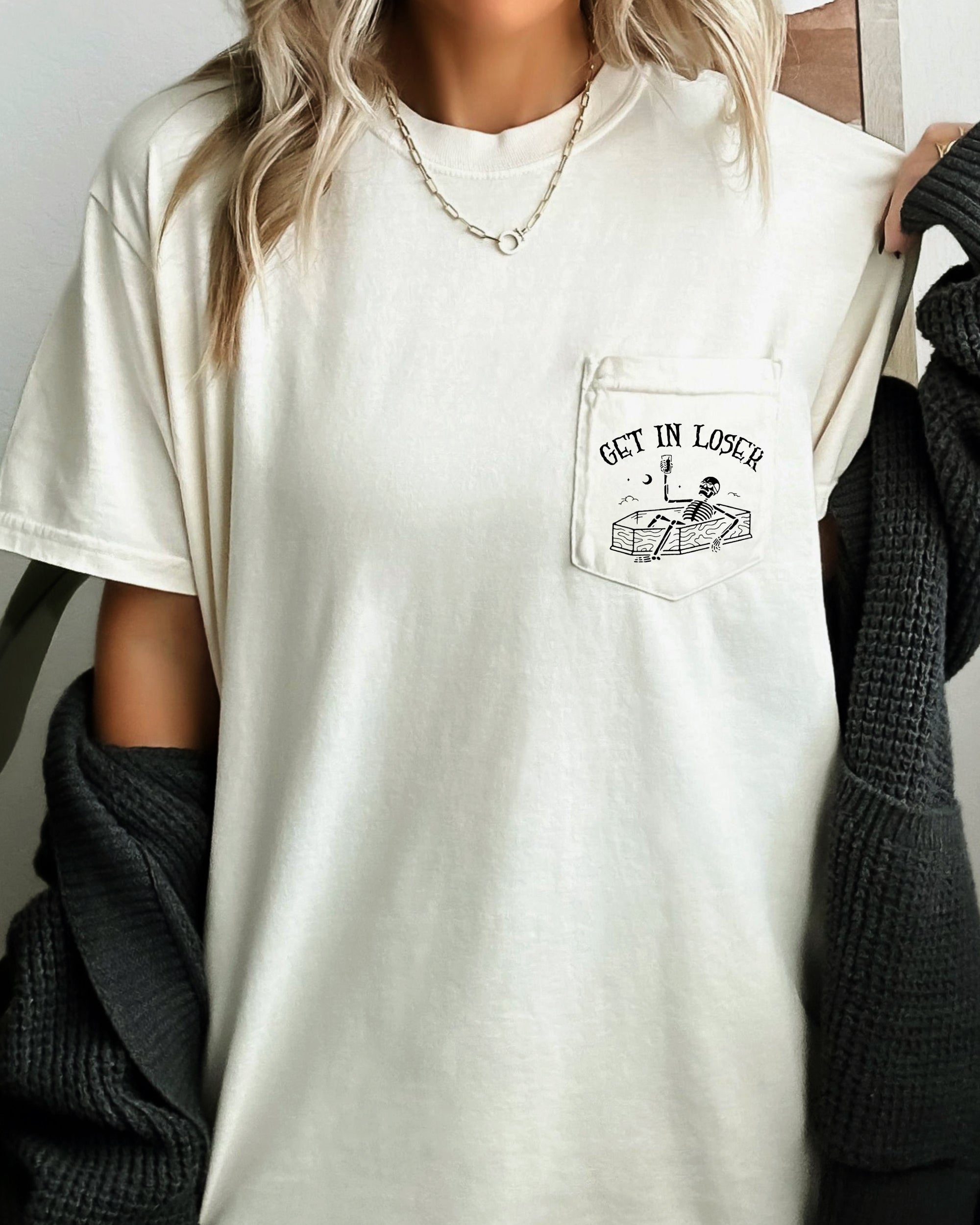 Get In Loser Skeleton Halloween Graphic Pocket Tee Comfort Colors Premium Ring-Spun Cotton Tee