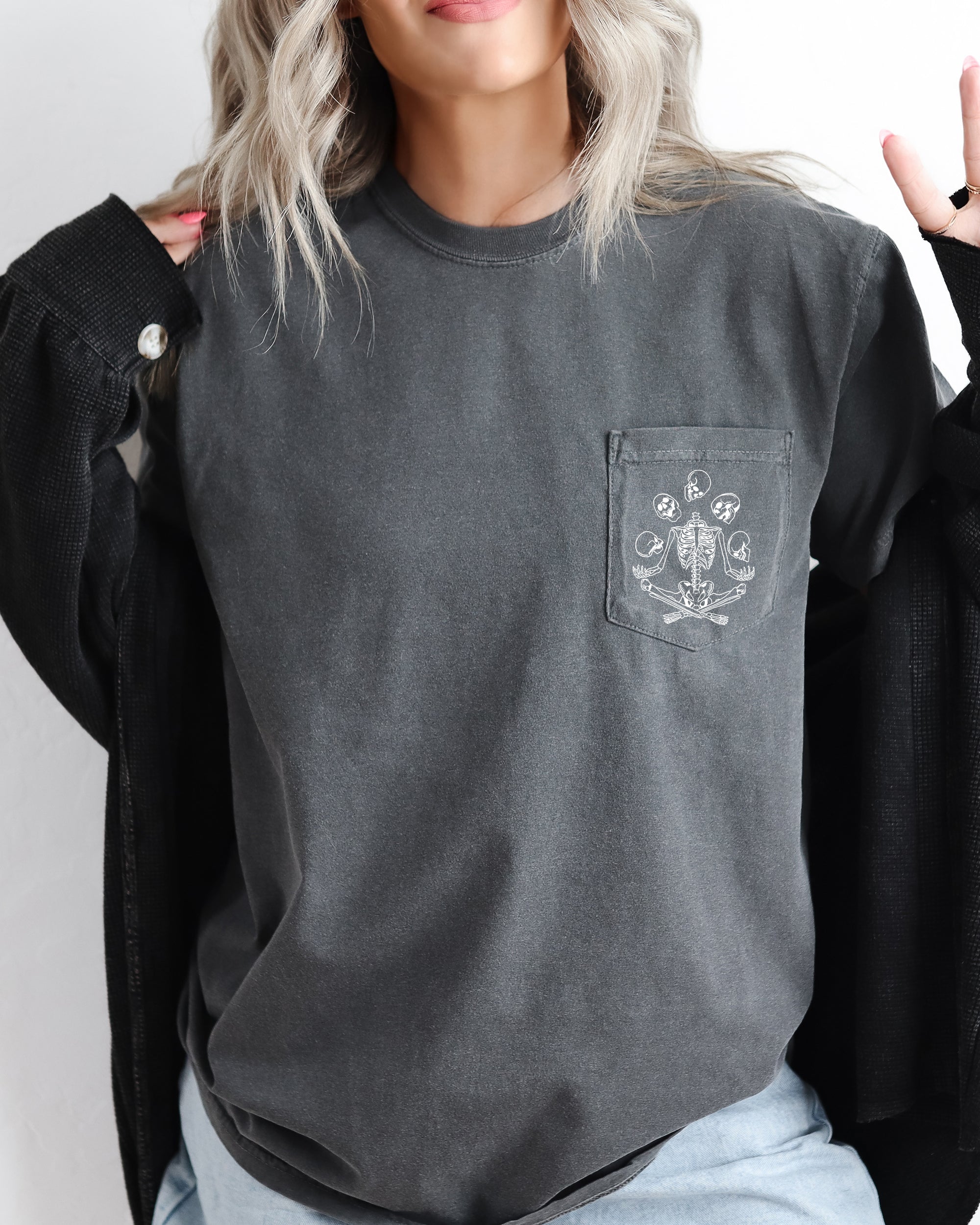 Juggling Skeleton Halloween Pocket Graphic Art For A Spooky Wardrobe Collection Comfort Colors Tee