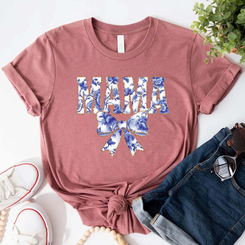 Mama Chinoiserie Coquette Bow T-Shirts – Elegant & Trendy Graphic Tees for Moms