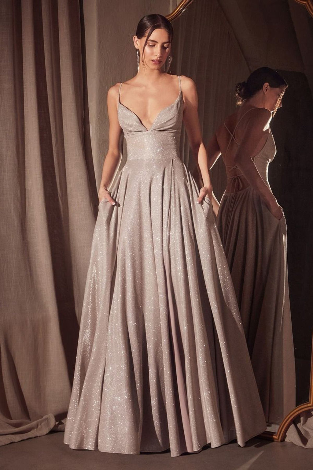 Ladivine Amoris T214 Sleeveless Spaghetti Strap A-Line Glitter Gown